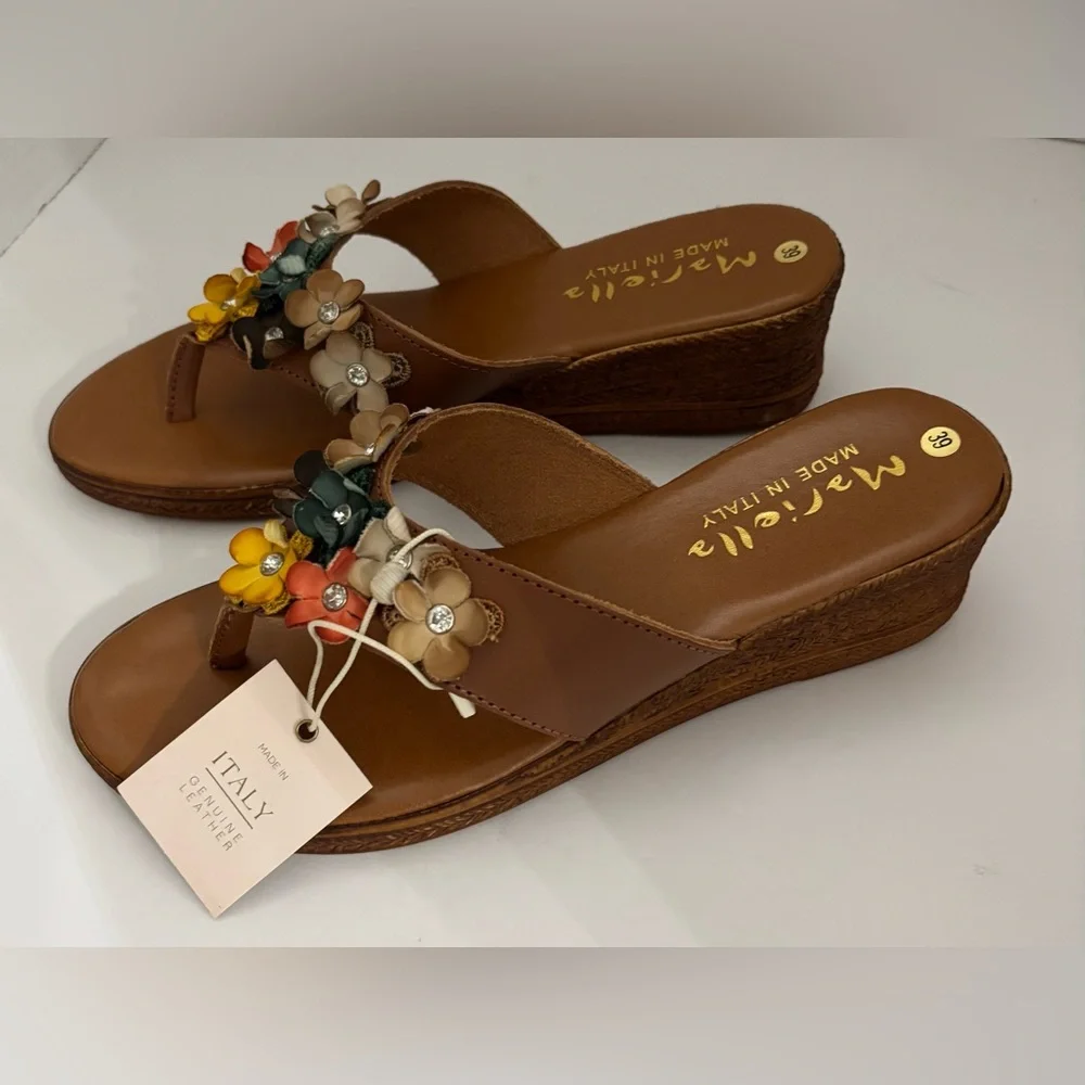 Mariella Women Made in Italy Tan Leather Floral Wedge Sandals Size 39 Summer